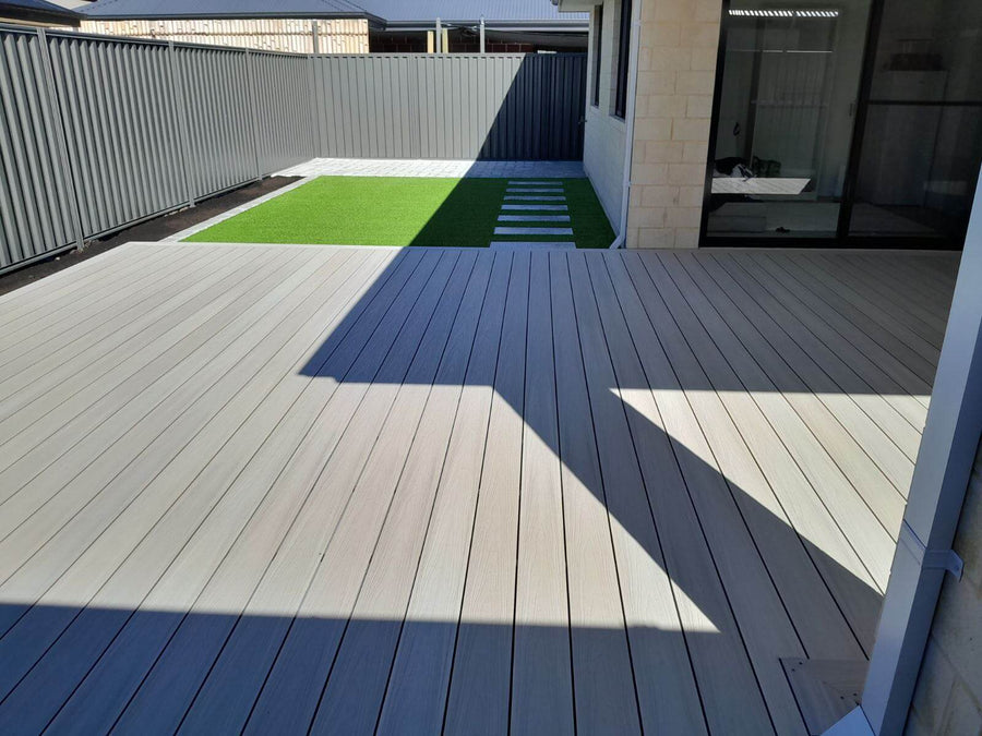 Premier limestone white composite decking board with natural woodgrain finish for low-maintenance outdoor flooring