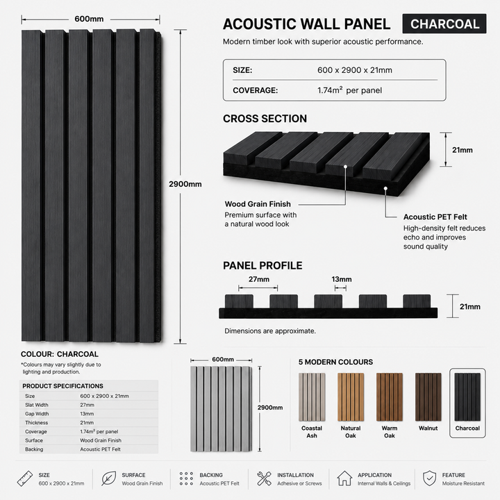 Premium Acoustic Wall Panel 600×2900x21 mm –Charcoal