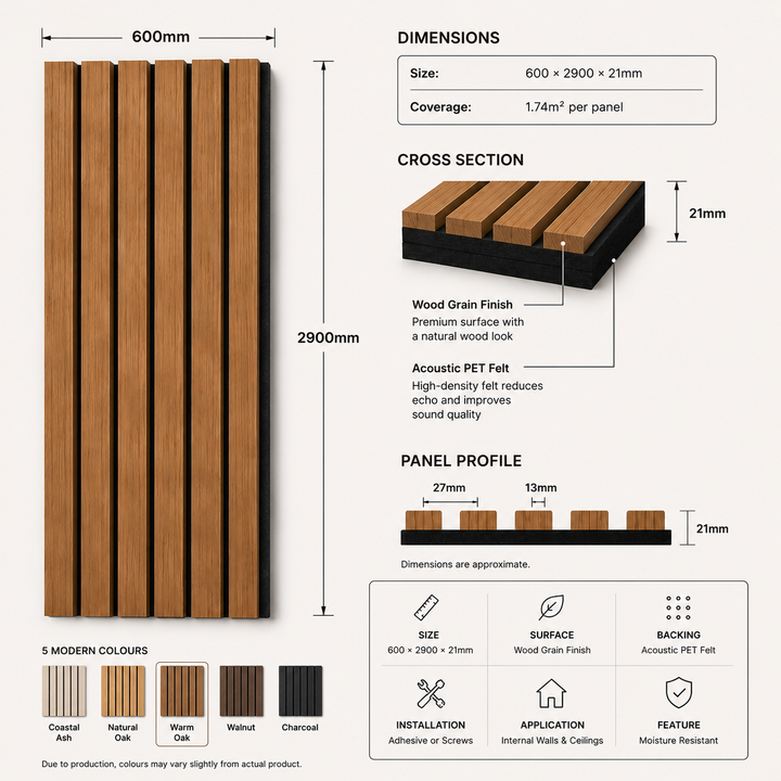 Premium Acoustic Wall Panel 600×2900x21 mm –Warm Oak