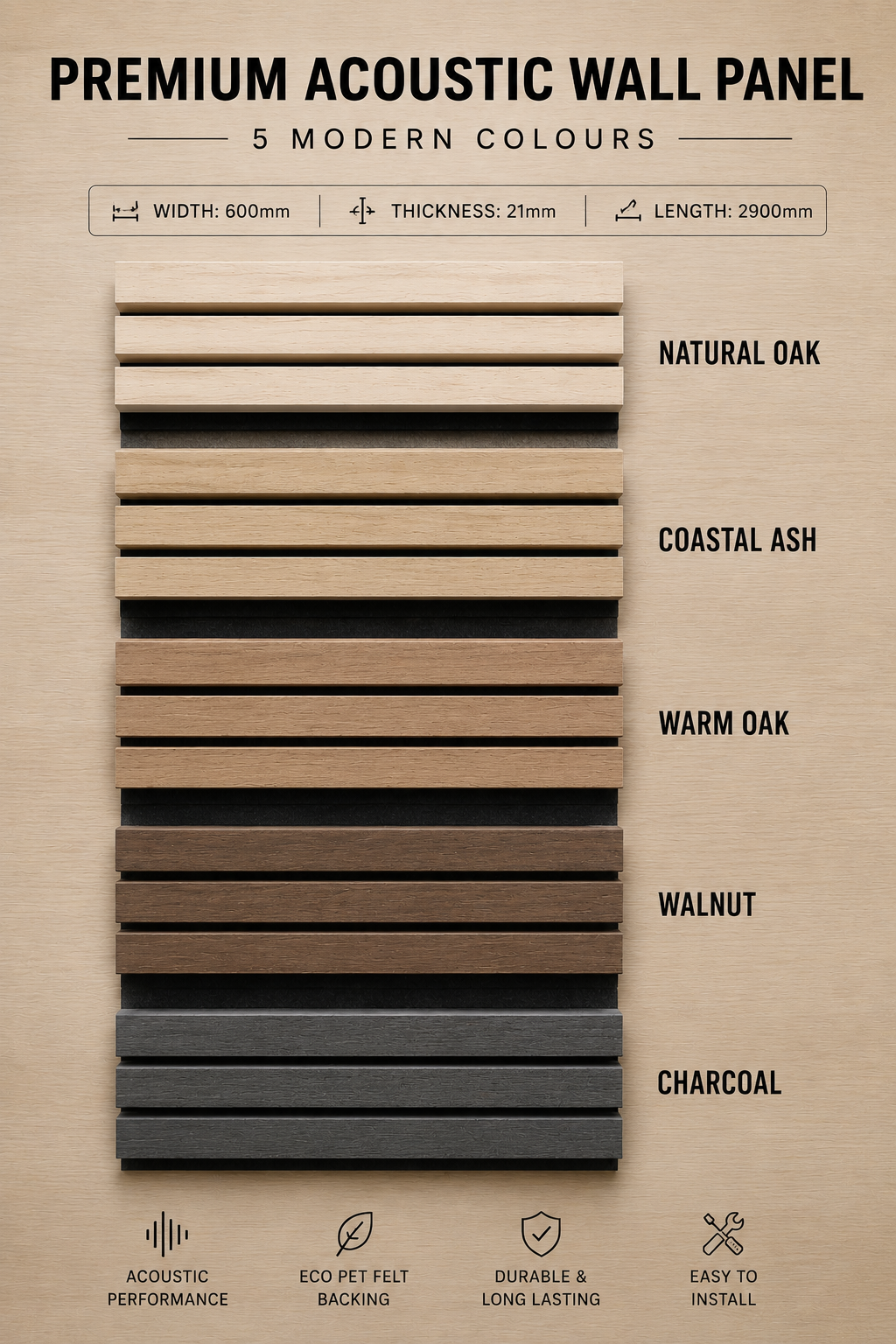 Premium Acoustic Wall Panel 600×2900x21 mm –  Natural Oak