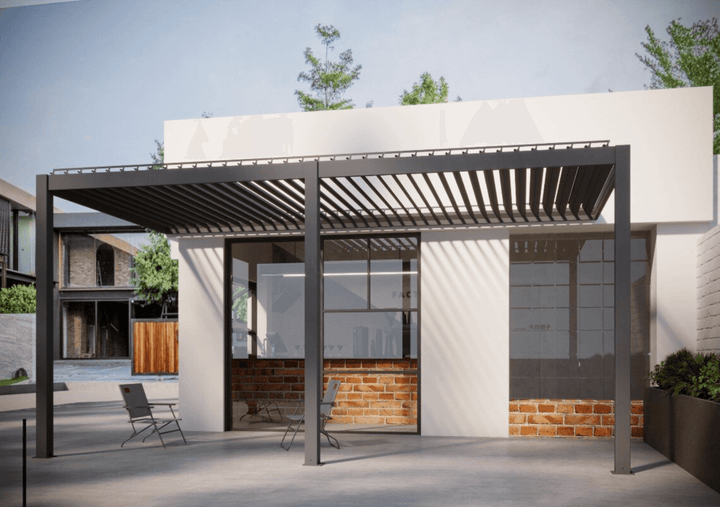 Aluminium louvered pergola with adjustable roof panels installed in a modern outdoor living area